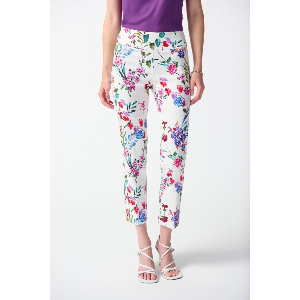 Joseph Ribkoff Floral Print Slim Pull On Pants White Multi Size 14 #397